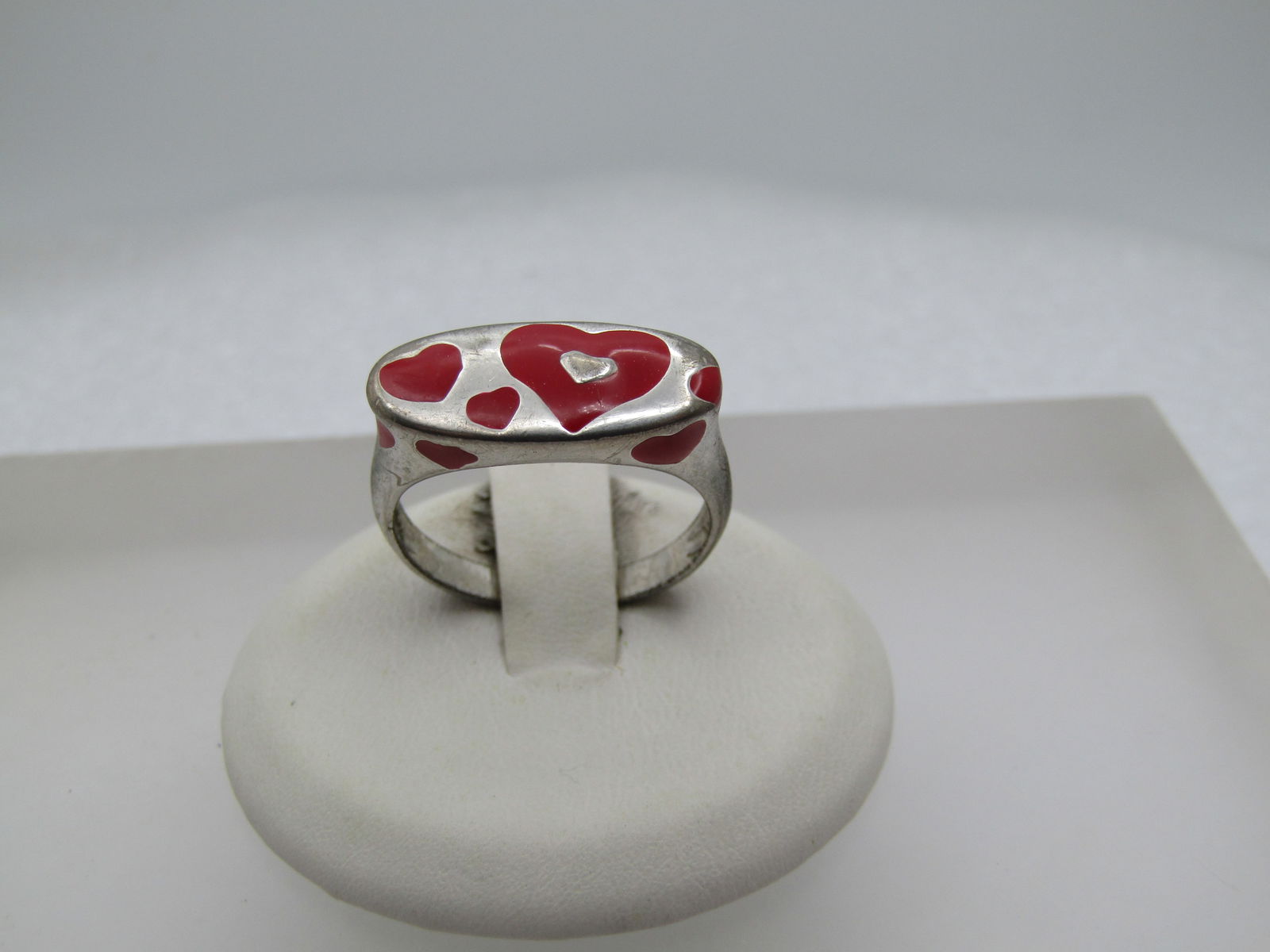 Vintage Red Heart Enameled Ring, Sz. 8.25, Silver Tone, 1980's-1990's (1 of 7)