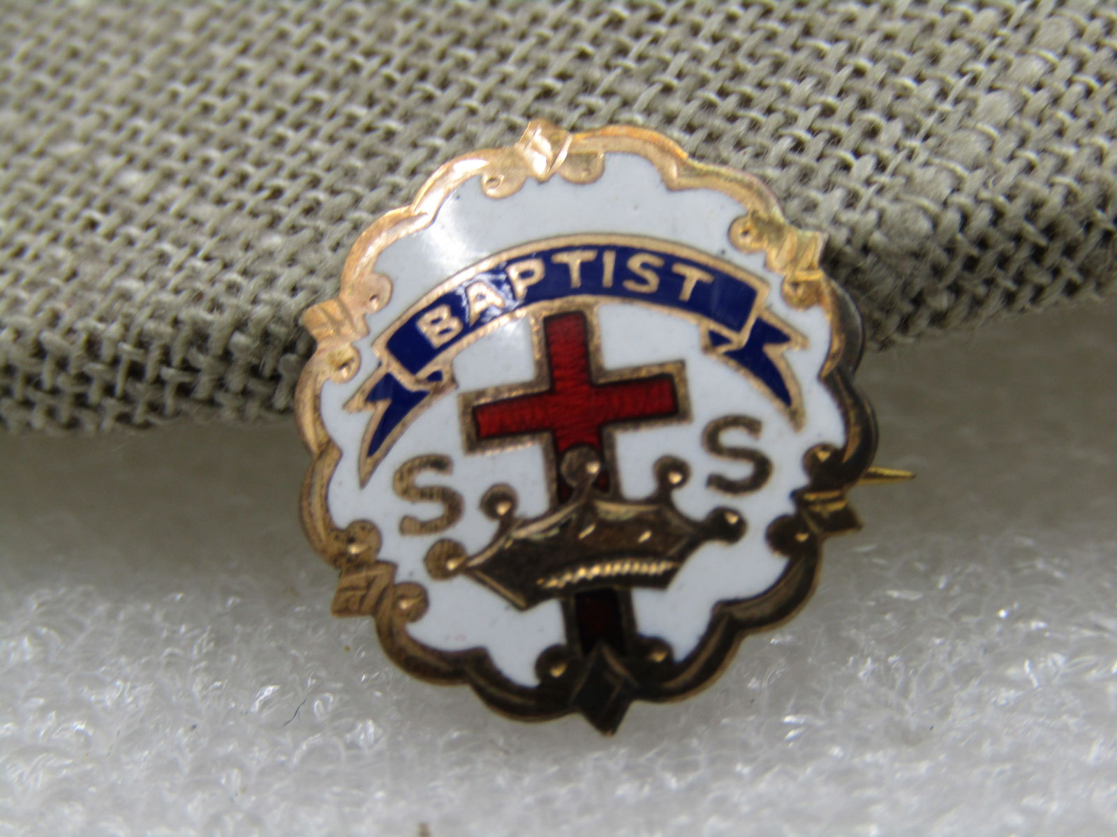 Vintage Enameled Baptist SS Brooch, C-Clasp, 10kt G.F. Signed (1 of 4)