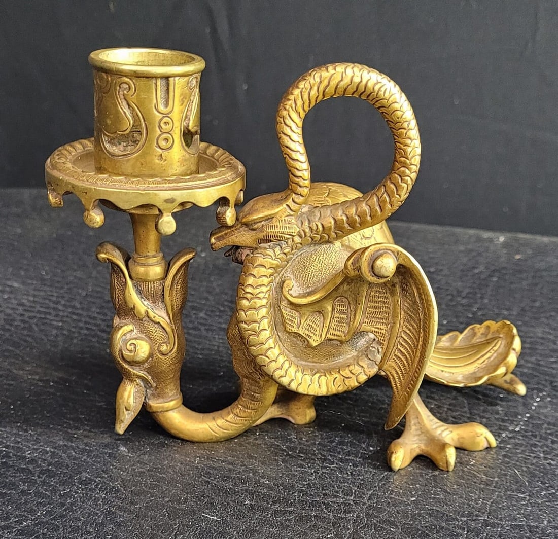 Antique Gold Gilt Bronze Dragon and Snake Candle Holder Alter Piece (1 of 6)