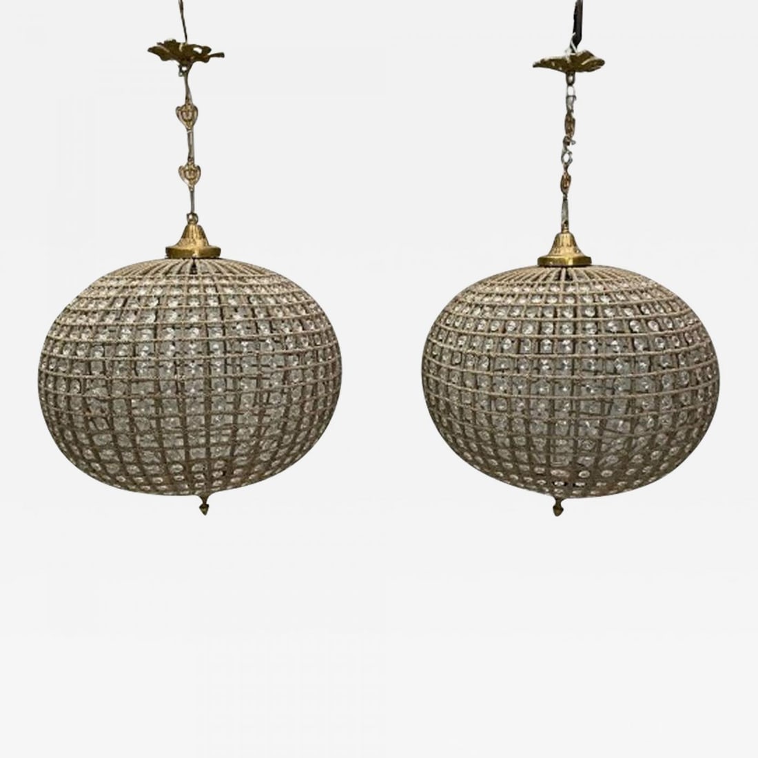 Art Deco, Round Chandeliers, Beveled Crystal, Metal, American, 1980s: Title: Art Deco, Round Chandeliers, Beveled Crystal, Metal, American, 1980s Description: Art Deco, Round Chandeliers, Beveled Crystal, Metal, American, 1980s A detailed pair of circular globe mesh wir