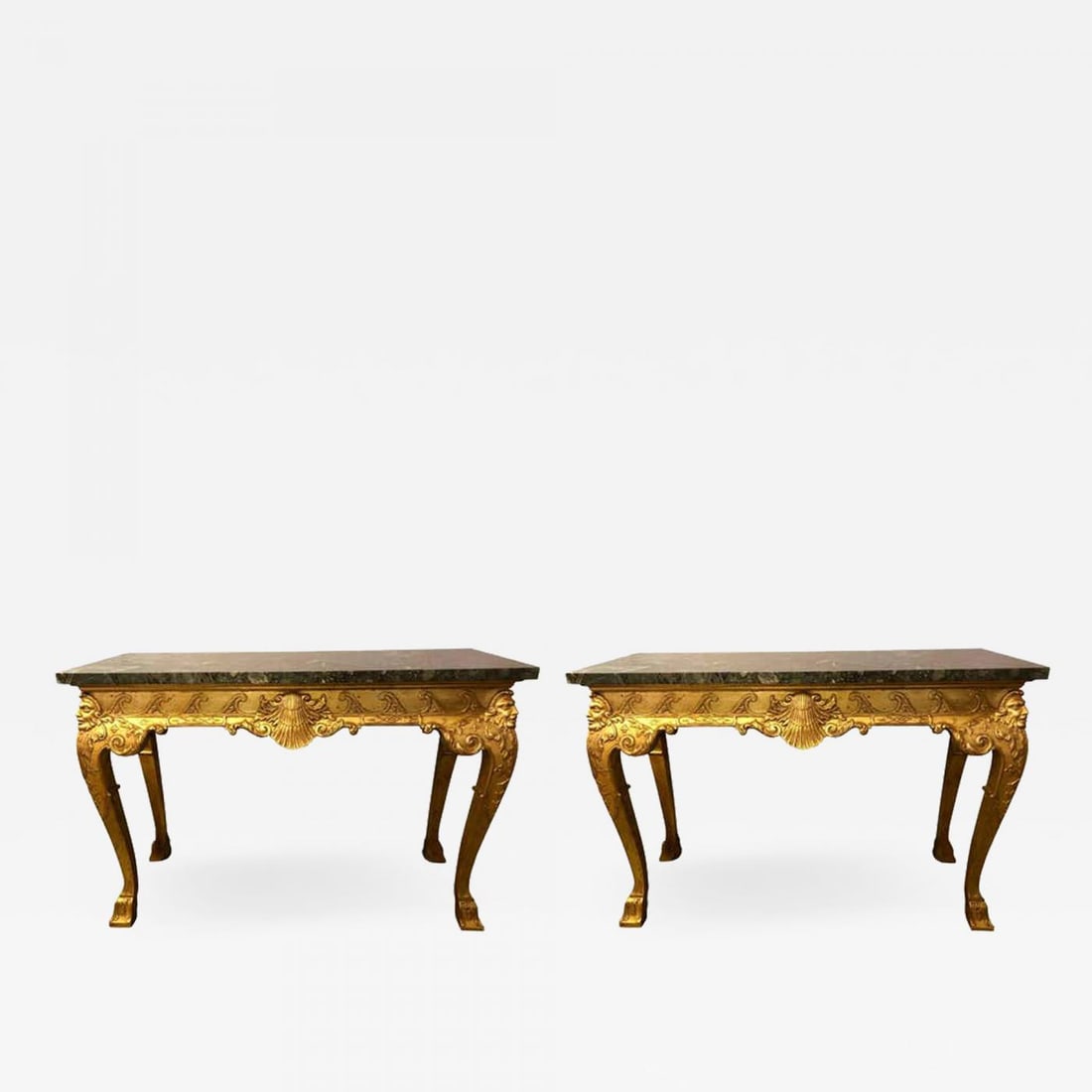 19th Century Pair of George II Style Carved Giltwood Marble Top Console Tables: Title: 19th Century Pair of George II Style Carved Giltwood Marble Top Console Tables Description: Pair of George II style carved giltwood and marble console tables, late 19th century. Olive green and