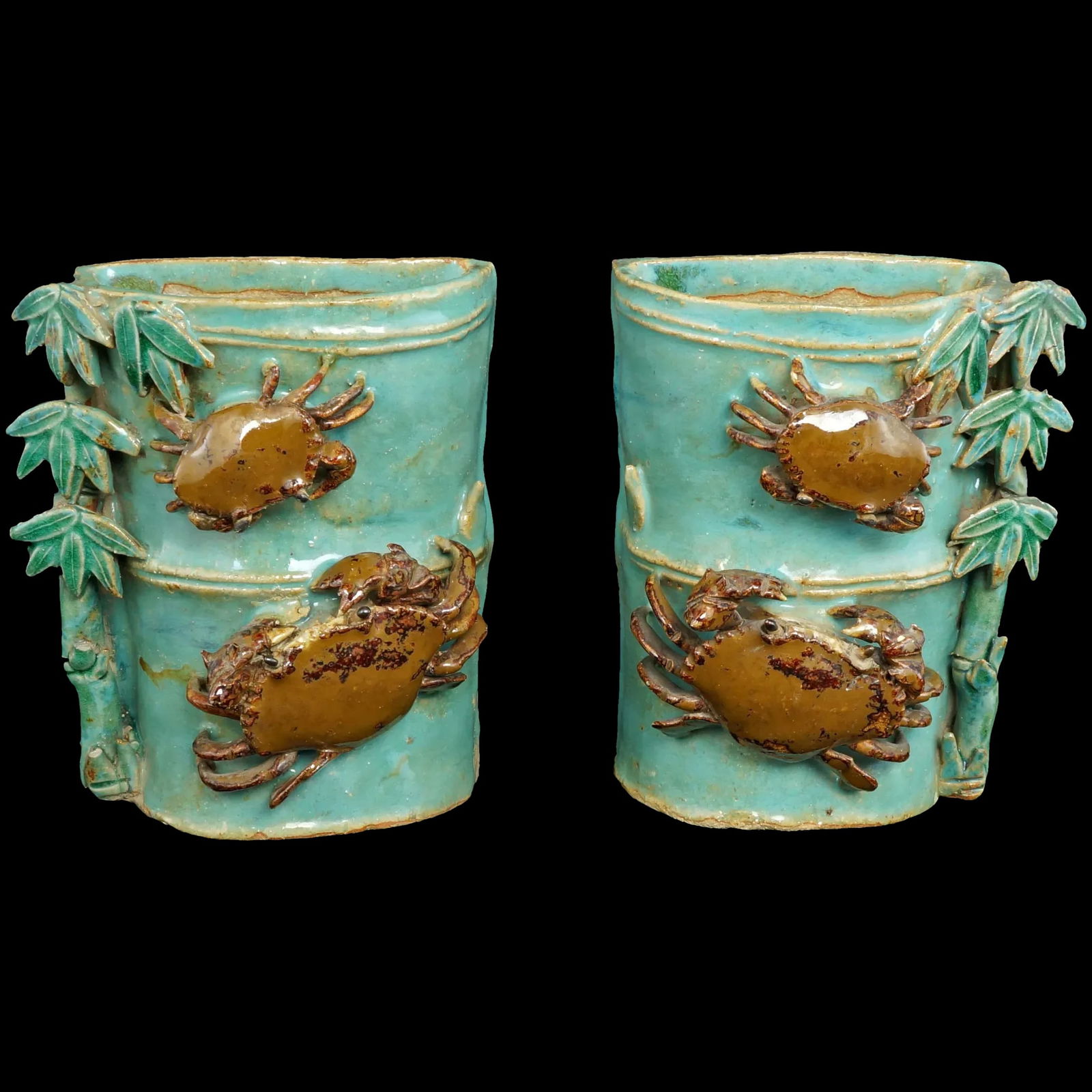 Pair Chinese Shiwan Crab Wall Pockets c 1900 (1 of 13)