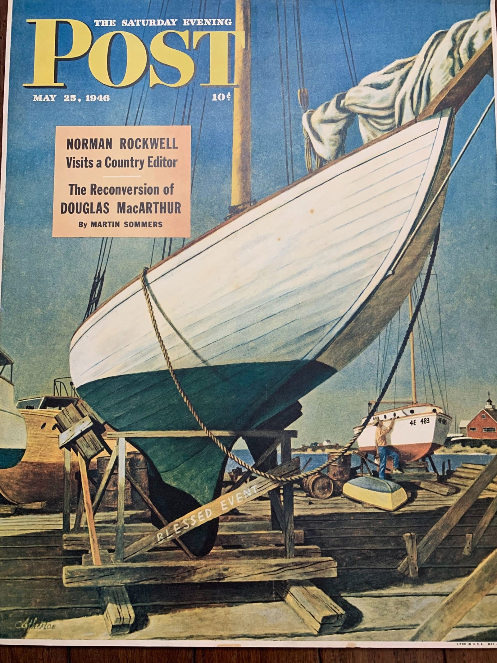 22x28 1946 Newstand Poster Saturday Evening Post - Art By John Atherton - Foam Backed dry Dock: 22x28 1946 Newstand Poster Saturday Evening Post - Art By John Atherton - Foam Backed dry Dock, Please refer to the attached photos to determine the condition of this original vintage item. . Note: LB