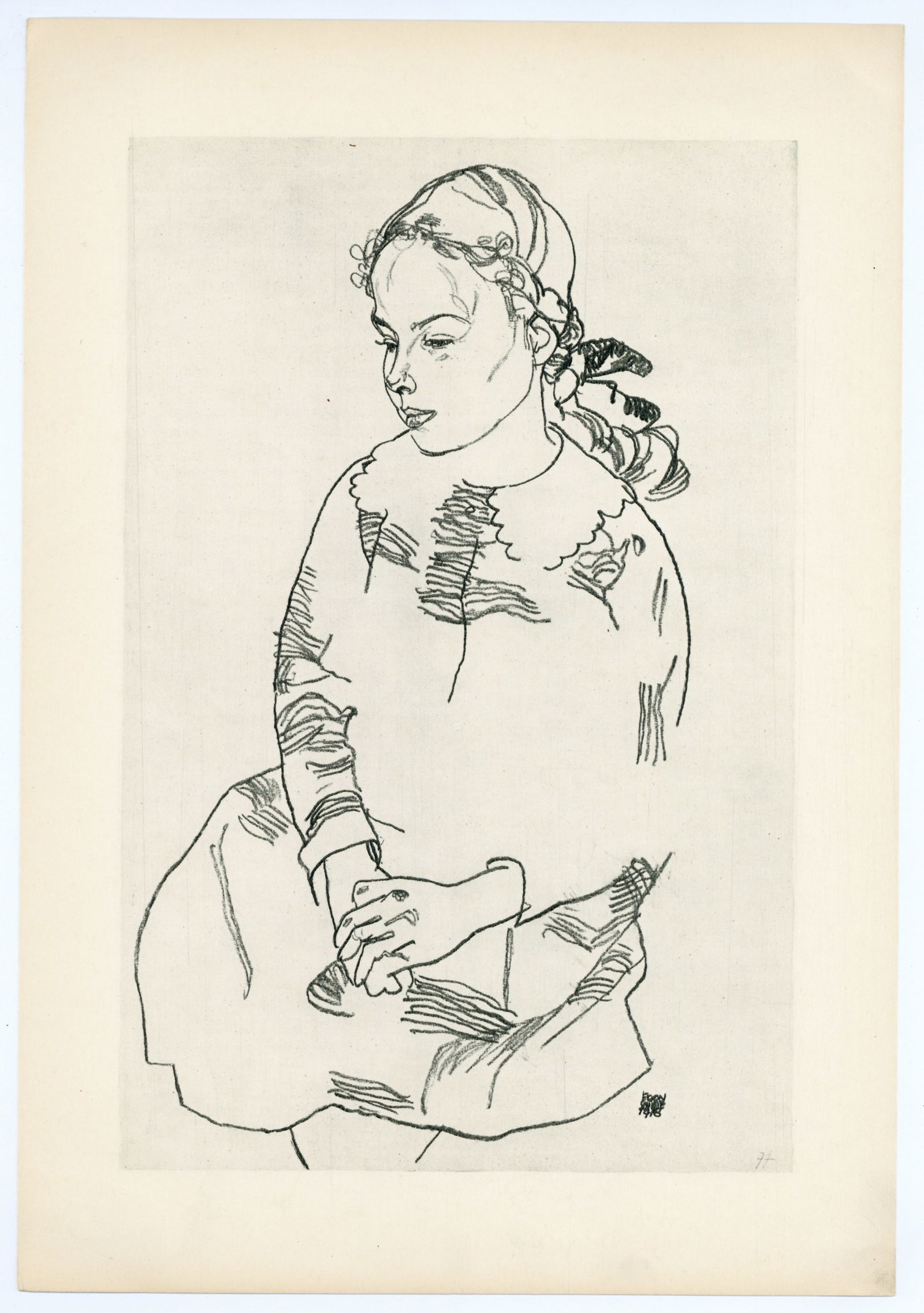 Egon Schiele "Portrait of a Girl": Medium: collotype (after the drawing). Printed in Vienna in 1950 by the Österreichische Staatsdruckerei (Austrian State Printing House) for a scarce portfolio. Image size: 10 3/4 x 7 inches (274