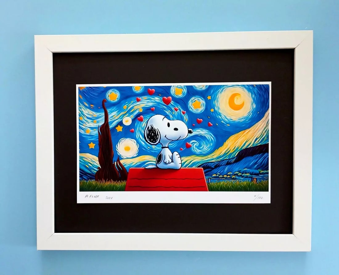 AIDAN FLUX | Hand Signed Original Print Framed | Ltd. Ed. of 100 | COA A Snoopy: This is a Stunning and Scarce 100% Authentic New Print by Aidan Flux AIDAN Flux represents a new wave of artists who embrace technology as a partner in creation, crafting works that resonate with the