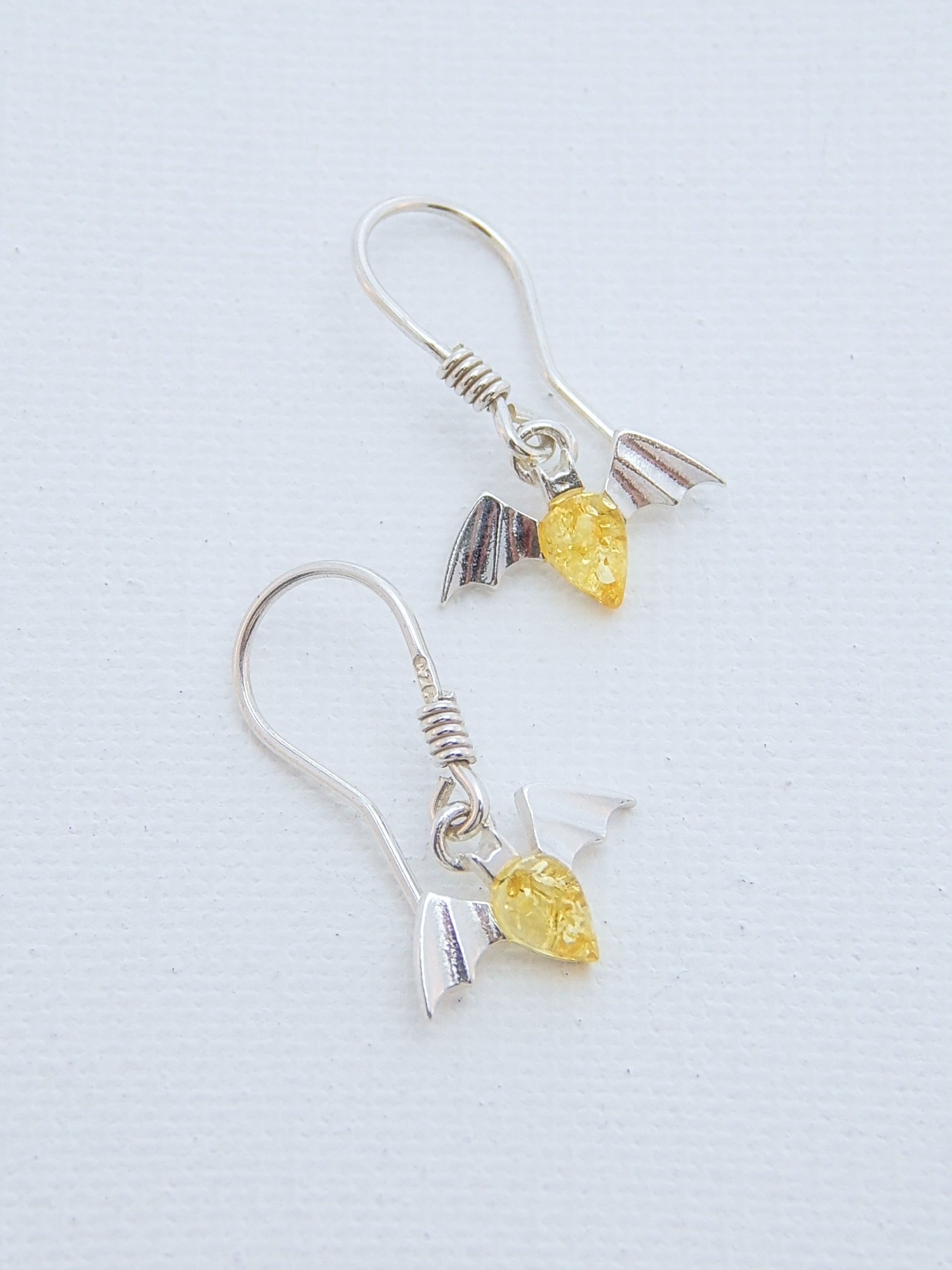 Natural Baltic Lemon Amber Tiny Bat Dangle Earrings in 925 Sterling Silver (1 of 4)