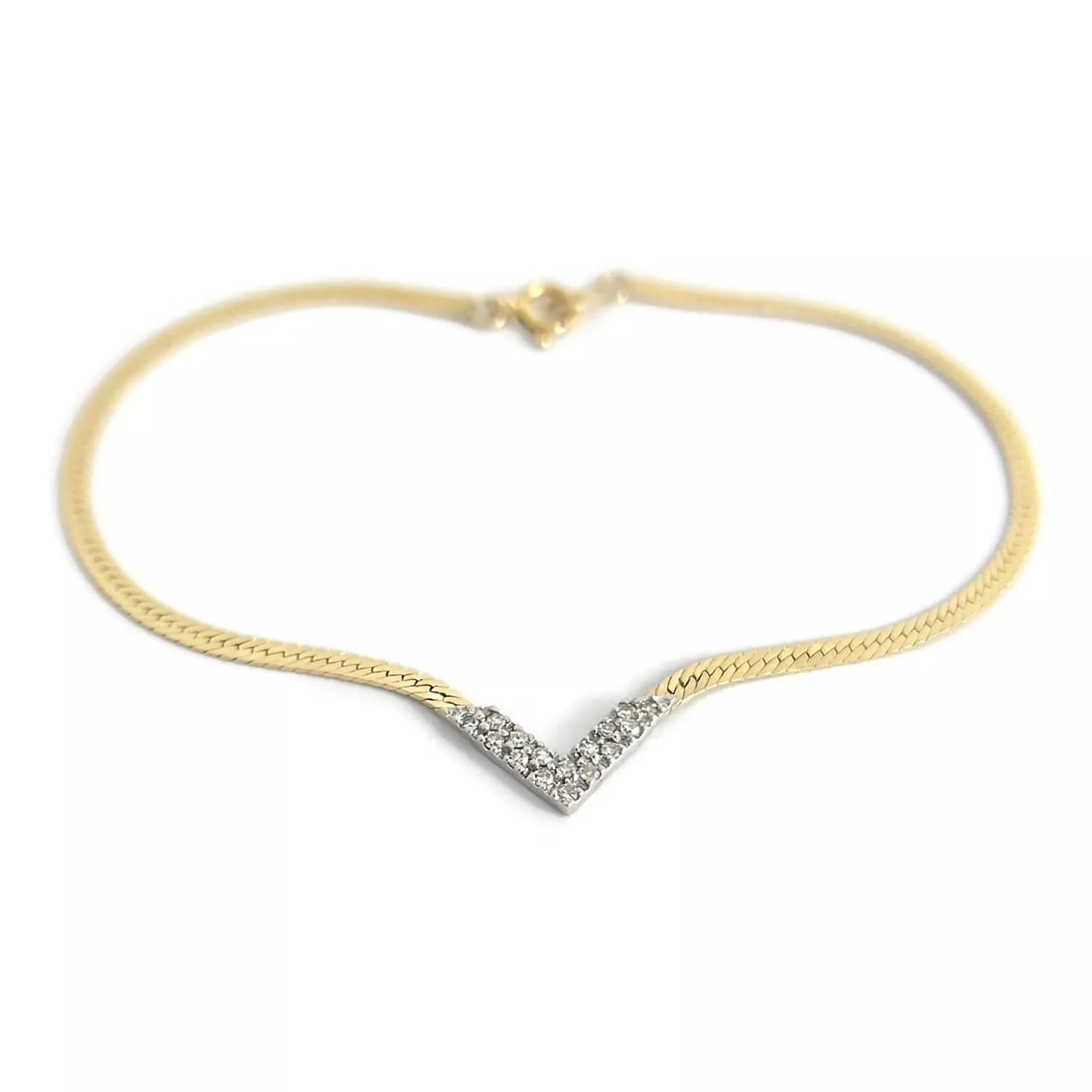 Vintage V Chevron Diamond Herringbone Chain Bracelet 14K Yellow Gold, 1.76 Grams (1 of 8)