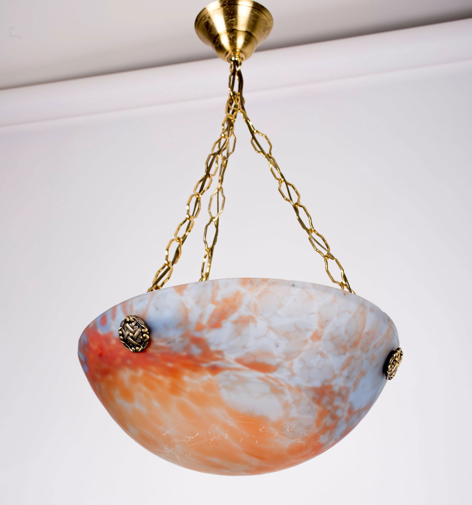 French Art-Deco marmoreal Chandelier Muller single vasque: Made in France in the late 1920's early 1930's, this chandelier is signed Muller grande verrerie de Croismare whose renowned work was highly desired for their chandeliers and art glass pieces. However