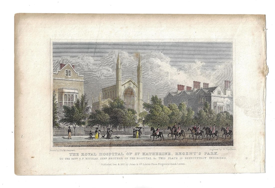 1827 Colored Engraving Royal Hospital: A colored engraving of "The Royal Hospital of St. Katherine, Regent's Park" by Thomas Shepard and printed by Jones and Co., London 1827. Very Good, measures 8,25 x 5.25". Reserve: $15.00 Shipping: Dom