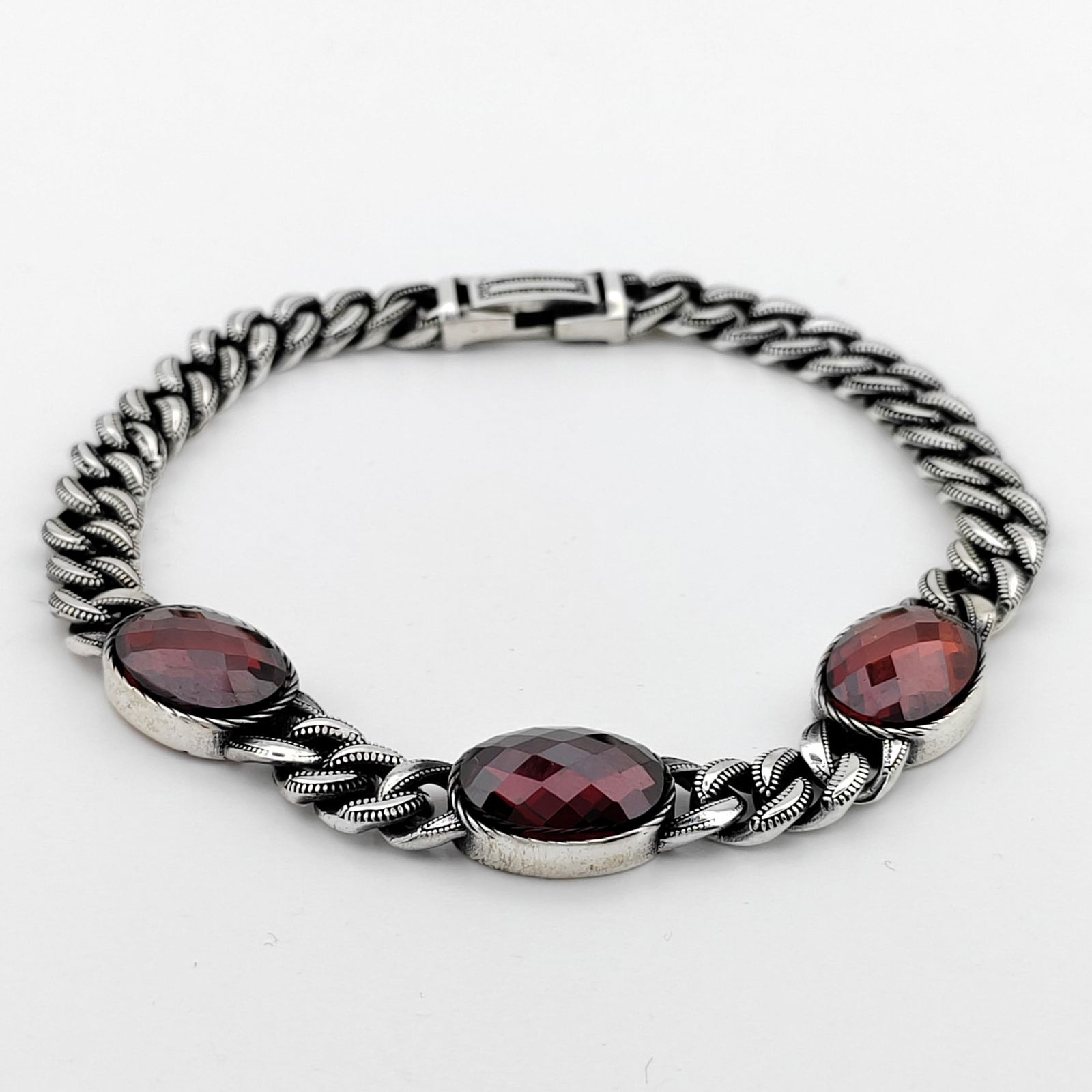925 Sterling Silver Men's Bracelet with Facet Cut Red Zircons (1 of 8)