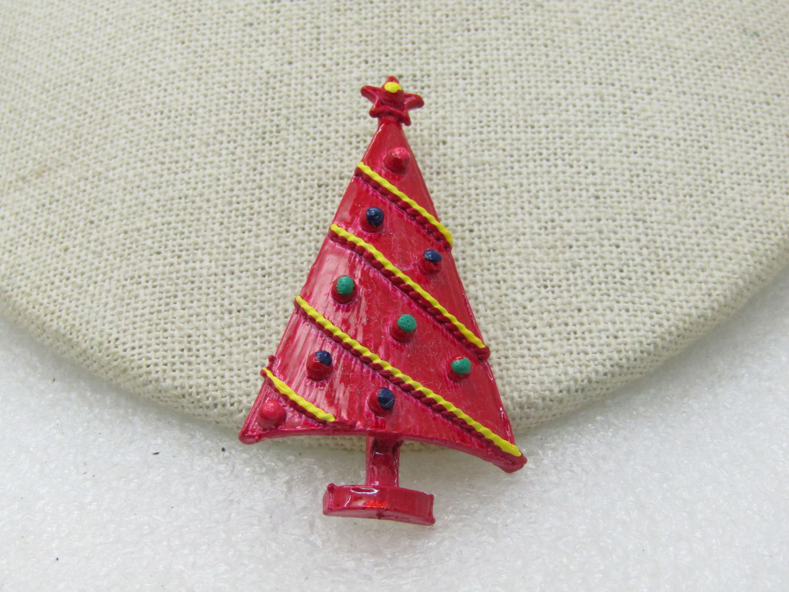 Vintage Enameled Red Christmas Tree Brooch, Clear Box, yellow, blue, green. 2" tall and 1.25" wide. (1 of 5)