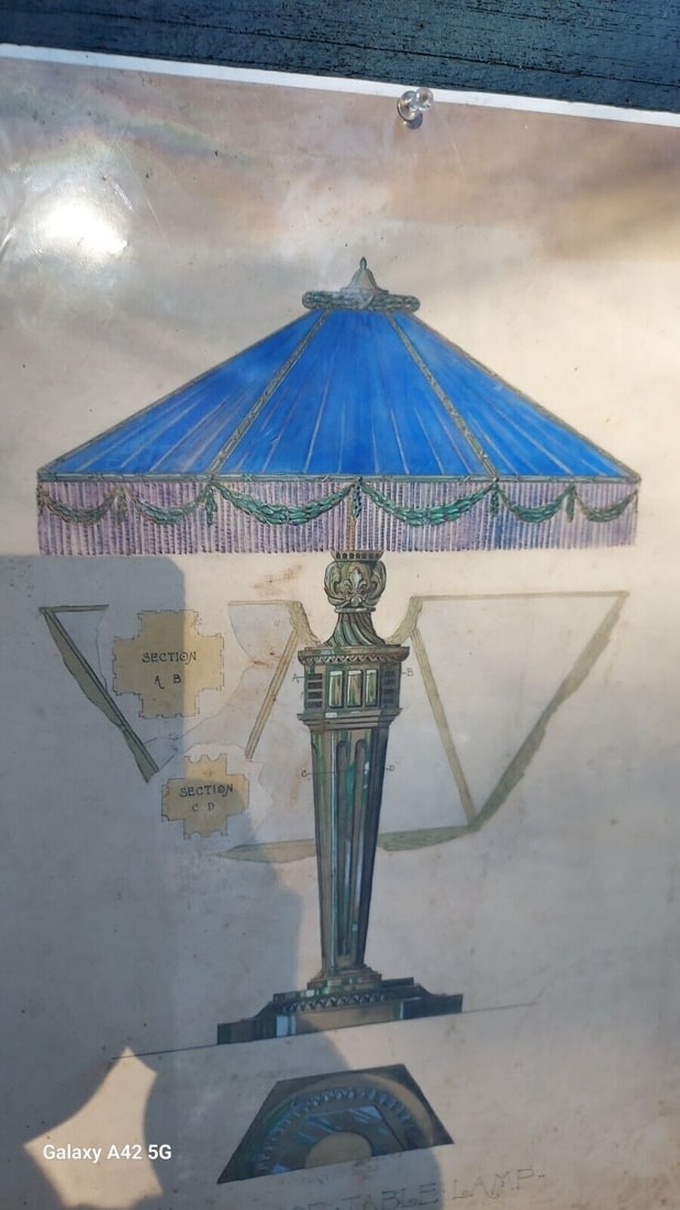 Architectural Sketch 1920 Cloth Shade Bronze Lamp Professional (1 of 3)