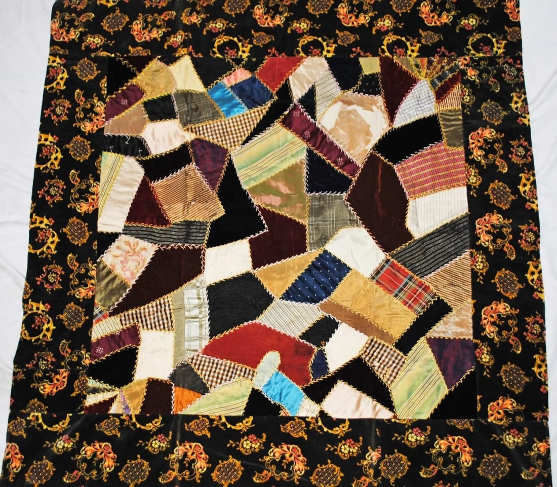 Antique Patchwork Crib Silk Crazy Quilt, 1890s Hand Stitched (1 of 10)