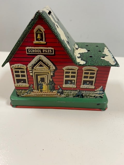 TIN BANK SCHOOL HOUSE WITH HOLES FOR SUCKERS (1 of 2)