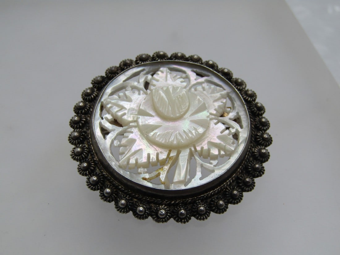 Vintage .950 Silver Sterling Carved Mother-of-Pearl Brooch, Floral, Jerusalem Mid-Century (1 of 4)