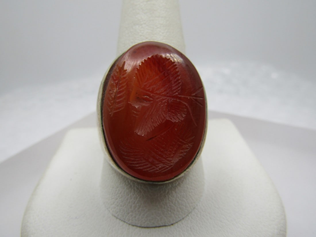 Vintage Sterling Grecian Intaglio Carnelian Ring, Sz. 11.5, 1940's-1950's: Vintage Sterling Grecian Intaglio Carnelian Ring, Sz. 11.5, 1940's-1950's could be slightly earlier. This is not the usual Roman soldier intaglio but more of Grecian look from back in the Helen of Tro