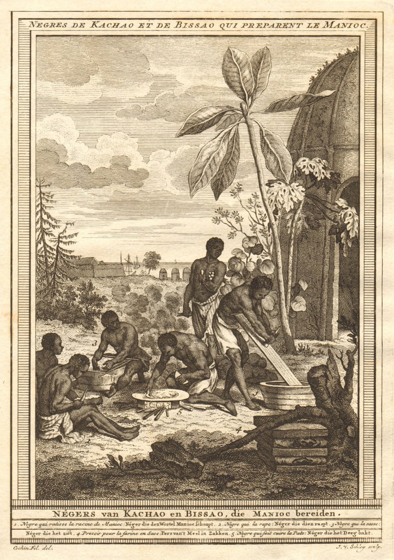 Guinea-Bissau. Negroes of Cacheu & Bissau preparing cassava. Manioc. SCHLEY 1747: CAPTION PRINTED BELOW PICTURE: Négres de Kachao & de Bissao qui préparent le Manioc [Negroes of Cacheu & Bissau preparing cassava] DATE PRINTED: 1747 IMAGE SIZE: Approx 20.5 x 14.5cm, 8 x 5.