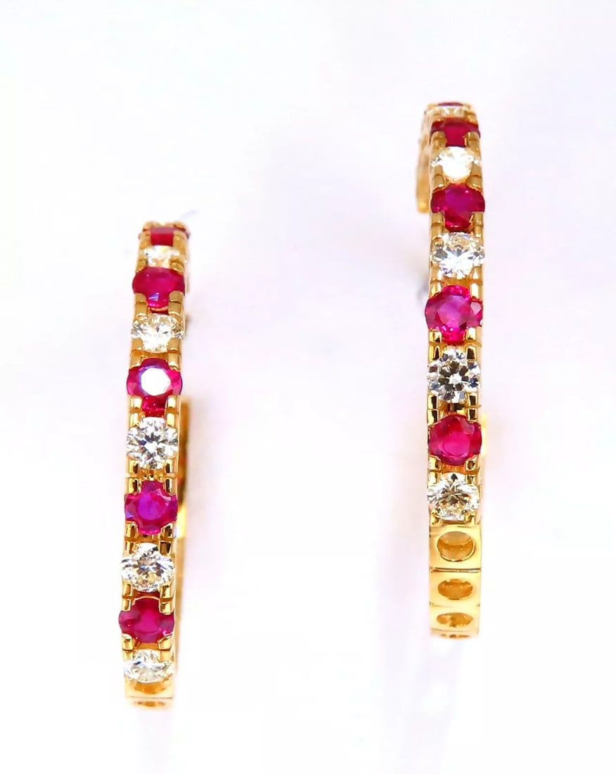 2.10ct natural vivid red ruby diamond hoop earrings 14kt yellow gold + (1 of 4)