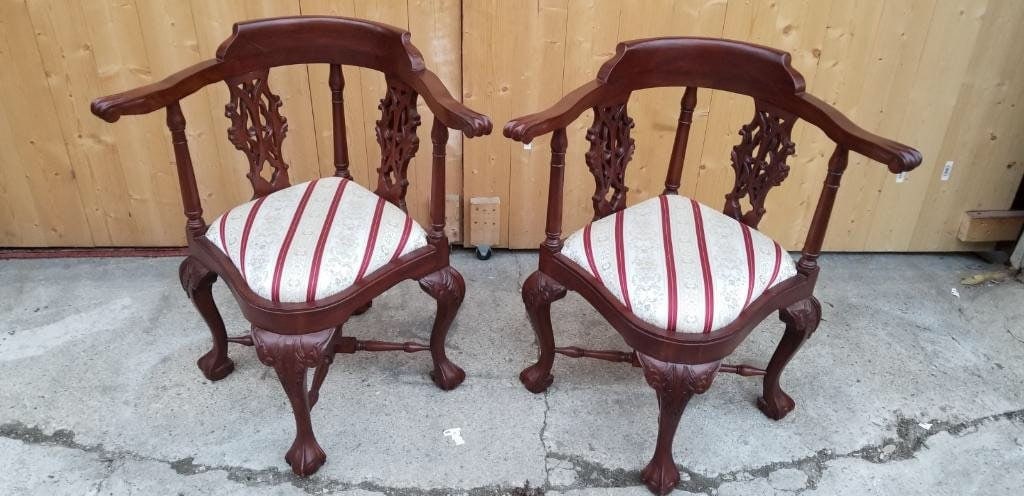 Antique English Carved Mahogany Corner Chair Pair: Vintage from the 1960s Materials: fabric, wood, Mahogany Overall width: 29 inches Overall height: 32 inches Overall depth: 24 inches Seat height: 20 inches " Antique English Hand Carved Mahogany Engli