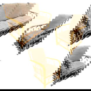 Restored "1949er" Rattan Sofa & Lounge Set by Heywood Wakefield: About the Item Three-strand "1949er" rattan living room set by Heywood Wakefield featuring a 3 seat sofa and set of two lounge chairs with decorative"1949er" arms and arched base. A great example of