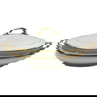 Noritake Nippon Antique Colonial Covered Vegetable Bowl with Gold Band: About the Item Antique Noritake Colonial era vegetable bowl number N5077 from 1918. White porcelain with gold details. Marked on the bottom with a "Noritake Nippon" wreath. Dimensions: Height: 4.5 in