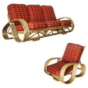 Restored 5-Strand "Reverse Pretzel" Rattan Sofa & Lounge Chair Living Room Set