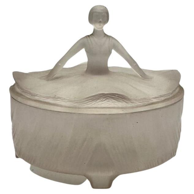Art Deco Frosted Satin Glass Ballerina Female "Ramses" Powder Box: About the Item This pink art deco frosted satin ballerina glass box, often called a woman's trinket box, is often referred to as a "Ramses" Box because a woman would have this box on her nightstand an