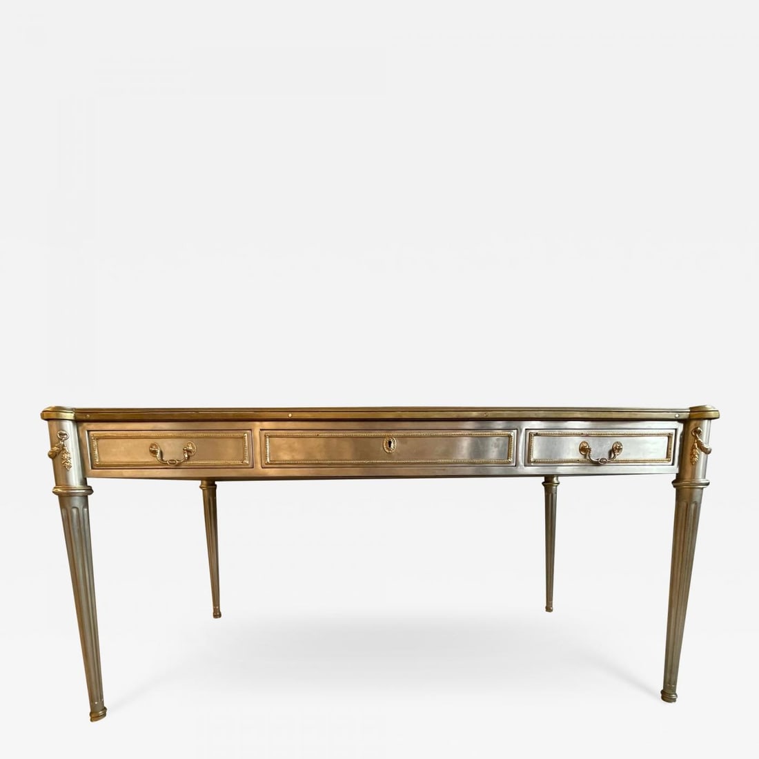 John Vesey Mid-Century Modern Desk or Bureau plat. Steel and Bronze: Title: John Vesey Mid-Century Modern Desk or Bureau plat. Steel and Bronze Description: Mid-Century Modern bronze and steel writing desk, or bureau plat designed by John Vesey (American 1924-1992). Ma