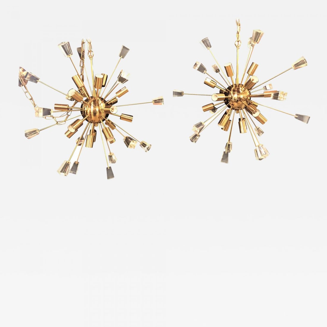 Pair of Brass 18 Light Sputnik Chandeliers in Mid-Century Modern Style: Title: Pair of Brass 18 Light Sputnik Chandeliers in Mid-Century Modern Style Description: A pair of brass 18-light Sputnik chandeliers in the Mid-Century Modern style. We have two pair of these stunn
