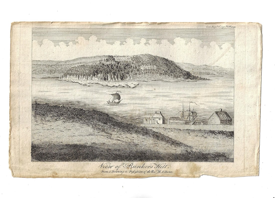 1790 Engraving View of Bunkers Hill: View of Bunkers Hill. From a Drawing in Possession of the Rev'd Mr, Elderton, printed at London, 1790 for Gentleman's Magazine. Very Good with some light marginal wear, measures 8 x 5". Reserve: $60.0