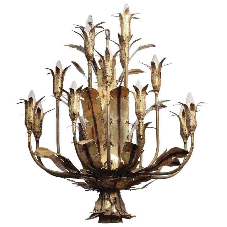 Mid Century Tom Greene Brutalist Torched Brass 16 Arm Chandelier: Vintage from before 2000 Materials: Metal " Mid Century Tom Greene Brutalist Torched Brass 16 Arm Chandelier This Brutalist chandelier by Tom Greene was made for Monteverdi Youngy during the 1960s. It