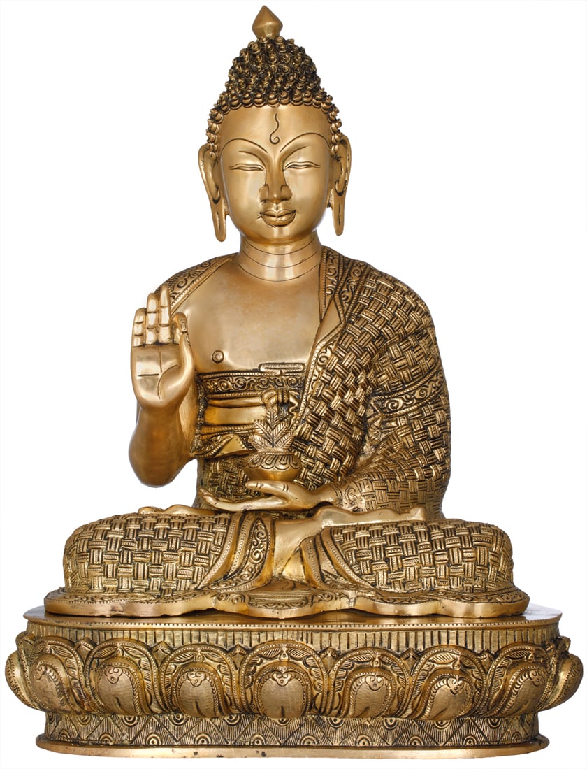 22" Padamasana Lord Buddha Clad In A Superbly Woven Robe In Brass | |: Title: 22" Padamasana Lord Buddha Clad In A Superbly Woven Robe In Brass | | Description: 22.20 inch Height X 15.20 inch Width x 11.70 inch Depth Lord Buddha, the founder of Buddhist religion is known