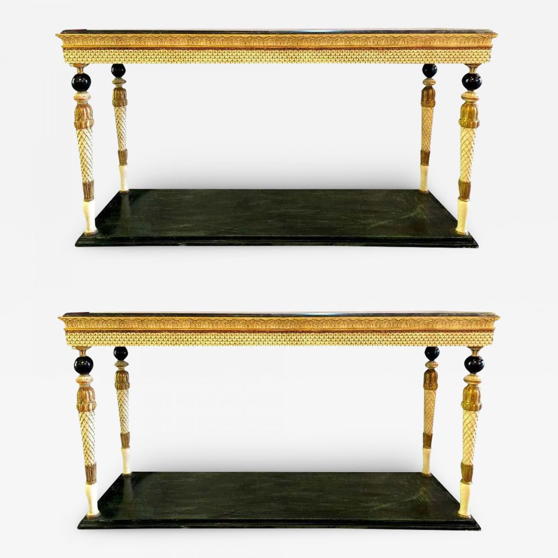 Neoclassical Style Marble-Top Consoles Attributed to Maison Jansen - a Pair: Title: Neoclassical Style Marble-Top Consoles Attributed to Maison Jansen - a Pair Description: A pair of neoclassical style marble-top console tables attributed to Maison Jansen as seen on page 201,