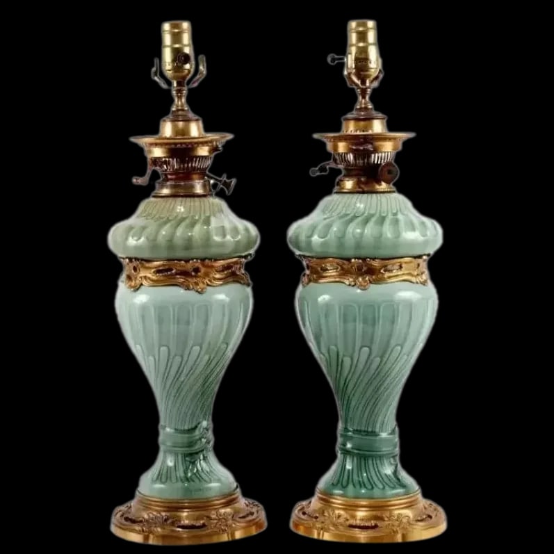 Pair of French Theodore Deck Ormolu-Mounted Celadon Porcelain Lamps: A Pair of French Theodore Deck ( 1823-1891) Ormolu-Mounted Celadon Porcelain Lamps, circa 1870. A very elegant pair of celadon green porcelain lamps in the Chinese taste, mounted with exquisite qualit