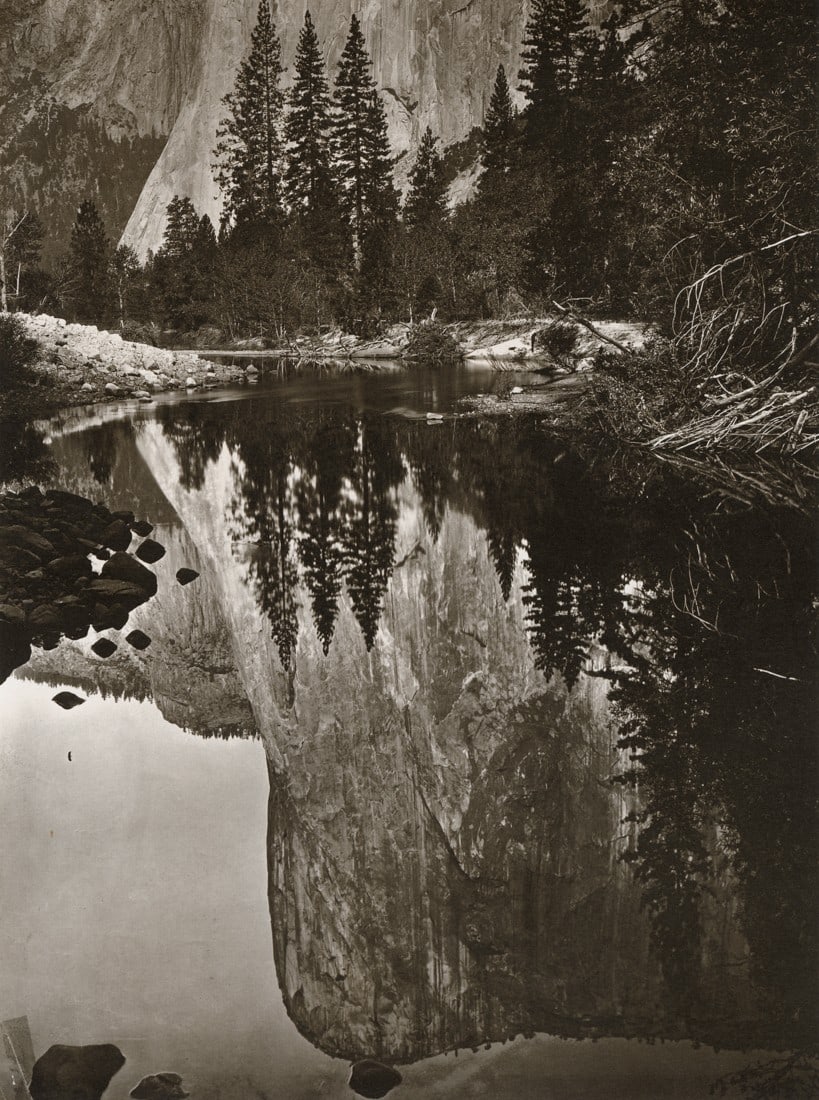 CARLETON E. WATKINS - El Capitan Reflection, Yosemite: Artist: Carleton E. Watkins Title: El Capitan Reflection, 1866, Yosemite National Park Medium: Photo Litho, 1981, USA Dimensions: 7.35x9.85" Description: Heat Wax Mounted on 11x14" Conservation Board