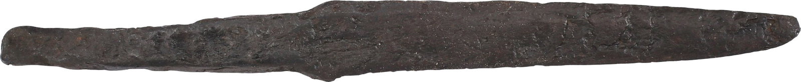 VIKING SIDE KNIFE OR POUCH KNIFE, 879-1067 AD CAMBRIDGESHIRE, ENGLAND: Cambridgeshire, England. Just over 3 1/4” (3.32”) total length with wedge section blade for slashing and tapered "whittle tang" which identifies these, as they were used without guards, mo