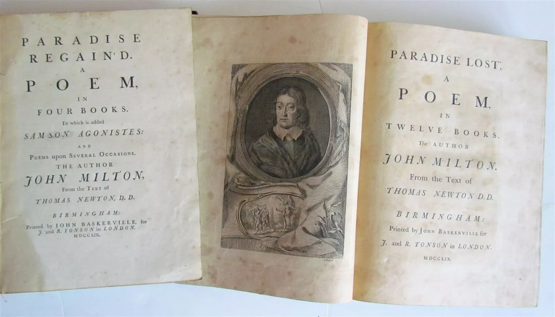 1759 JOHN MILTON 2 VOL. Paradise Lost & Paradise Regain'd Baskerville ANTIQUE: MILTON, JOHN John Baskerville Editions of Paradise Lost and Paradise Regain'd: Paradise Lost. A Poem in Twelve Books... from the Text of Thomas Newton... Birmingham: John Baskerville for J. and R. Ton