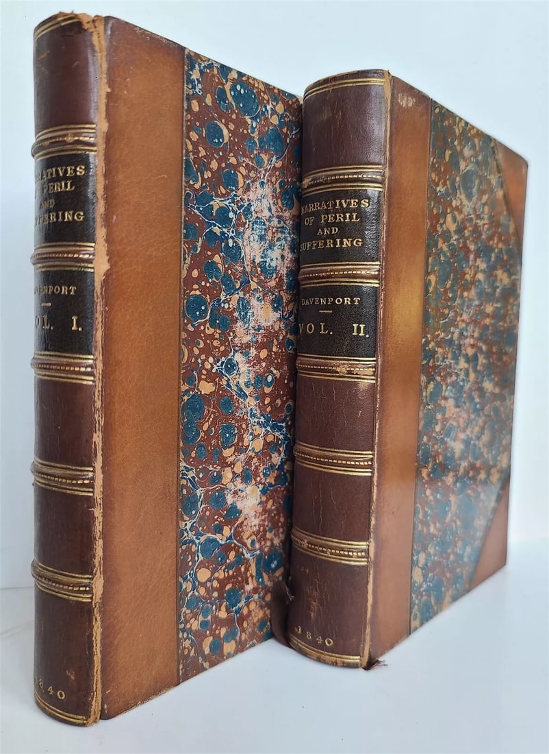 1840 NARRATIVES of PERIL & SUFFERING by R.A.DAVENPORT antique 2 VOLUMES ENGLISH: 1840 NARRATIVES of PERIL & SUFFERING by R.A.DAVENPORT 2 volumes, complete London; 1840 Size 4 1/4 by 6 1/4" Original 3/4 brown morocco bindings, spines with gilt labels and dated - 1840 Very good inte