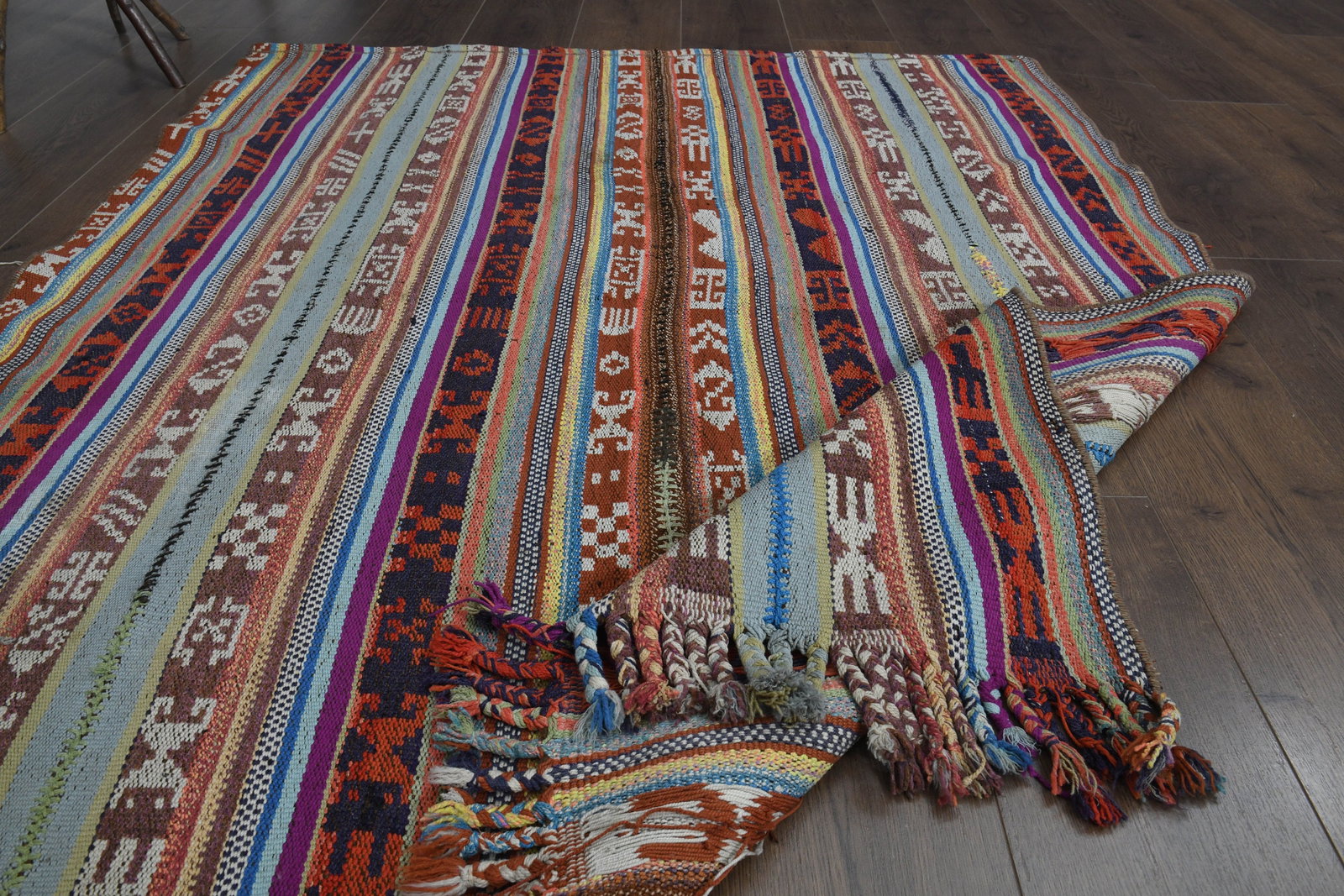 4'4x5'2 ft, COLORFUL STRIPED KILIM: Title: 4'4x5'2 ft, COLORFUL STRIPED KILIMOridign: Turkey Date/Period: 1960 - 1970 Materials: Wool and Cotton Size: Width: 4.4 feet Length: 5.2 feet Provenance: This Turkish one-of-a-kind Vintage Flatw