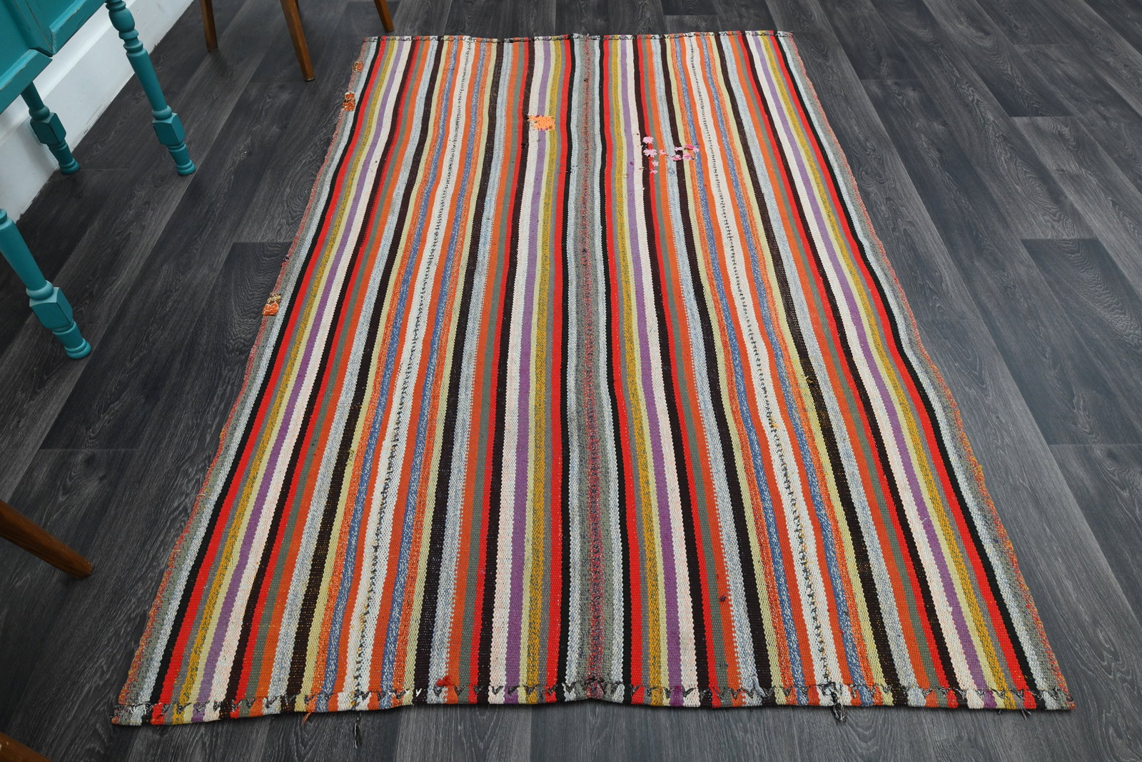 4.8x7.9 ft, TURKISH KILIM COLORFUL: Title: 4.8x7.9 ft, TURKISH KILIM COLORFULOridign: Turkey Date/Period: 1960 - 1970 Materials: Wool and Cotton Size: Width: 4.9 feet Length: 8.3 feet Provenance: This Turkish one-of-a-kind Vintage Flatw