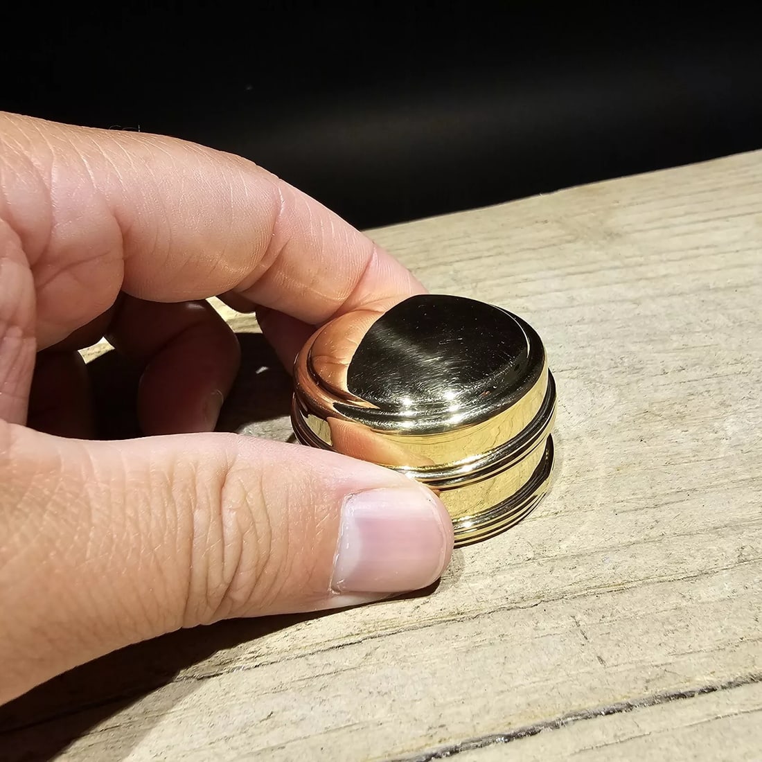 1 5/8" Brass Tobacco Snuff or Pill Box Ring Container Box: 1 5/8" x 1" Nice reproduction of an antique brass container, well made with a slightly loose fitting top... Small containers like this many times were used to store pills or snuff throughout history.