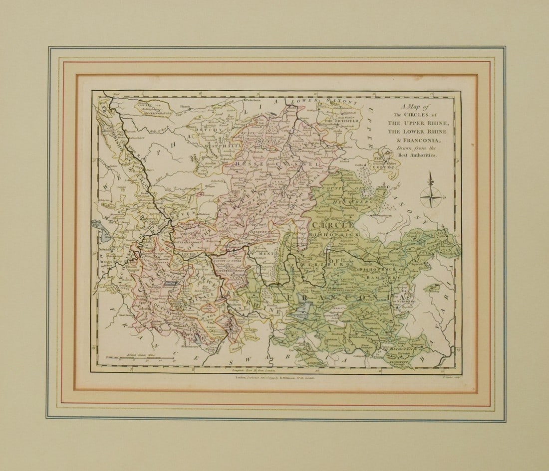 1794 Wilkinson Map of Central Germany, Rhine, Moselle and Main River Area s-- A Map of the Circles: Title: 1794 Wilkinson Map of Central Germany, Rhine, Moselle and Main River Area s-- A Map of the Circles of The Upper Rhine, Lower Rhine & Franconia, Drawn from the Best Authorities Cartographer: R W