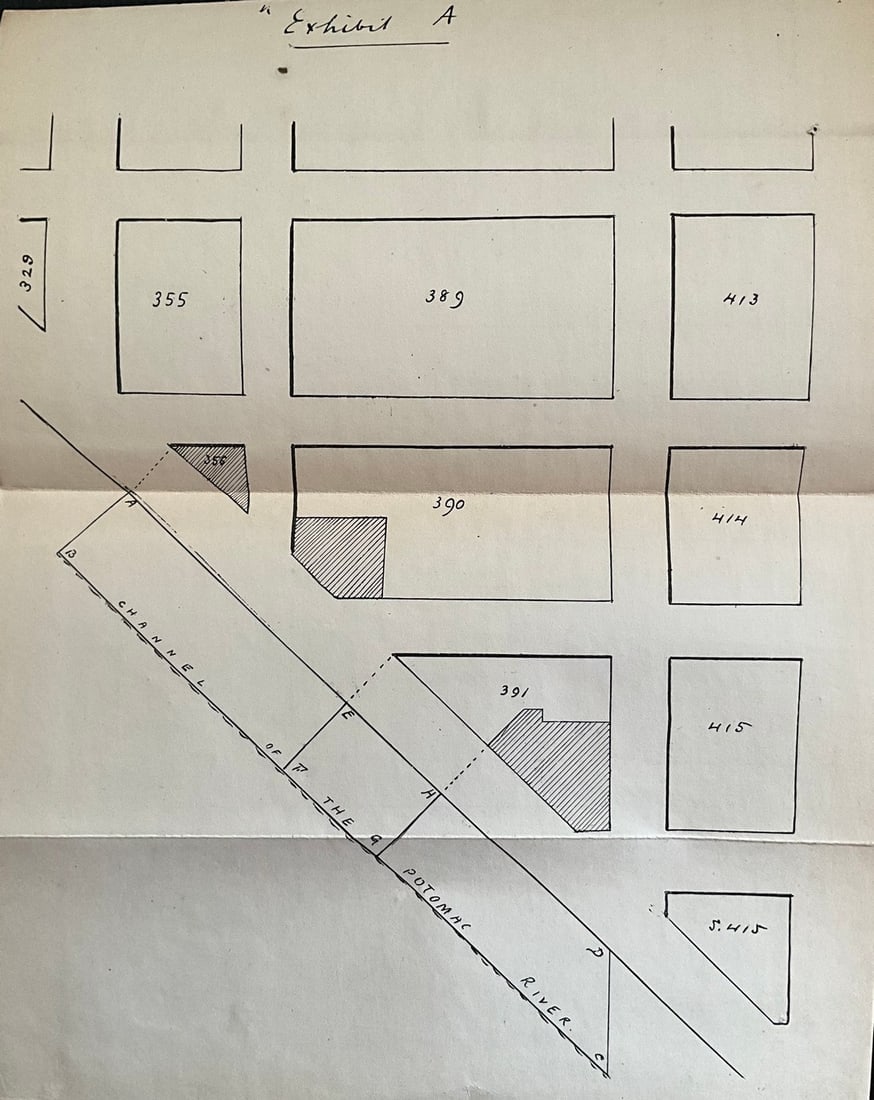 VERY RARE. Washington D.C from a Supreme Court Exhibit: Title: VERY RARE. Washington D.C from a Supreme Court Exhibit Date/Period: c1879-1899 Size: 9” x 11” This hand-drawn map depicts the channel of the Potomac River, labeled as Exhibit A. It