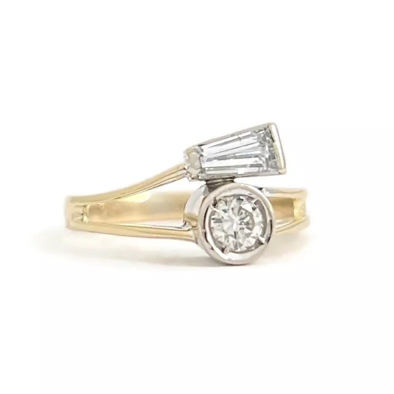 Two-Tone Baguette Round Diamond Bypass Pinky Ring 14K Yellow Gold, 1.82 Grams (1 of 9)