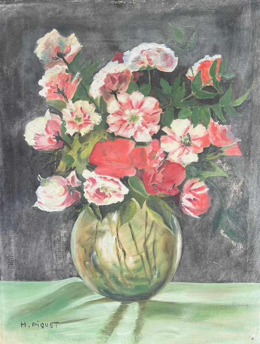 1950s French Signed Oil Painting Shabby Chic Vintage Flowers in Vase Still Life (1 of 14)
