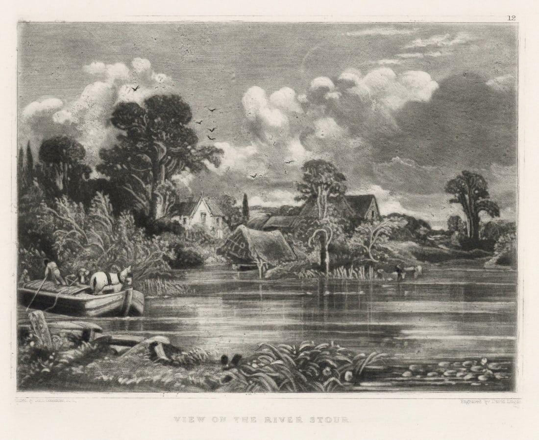 John Constable mezzotint "View on the River Stour": Medium: mezzotint (engraved by David Lucas after the John Constable painting). Printed in 1855 on cream wove paper for the "English Landscape Scenery" portfolio, published in London by Henry Bohn. Pla