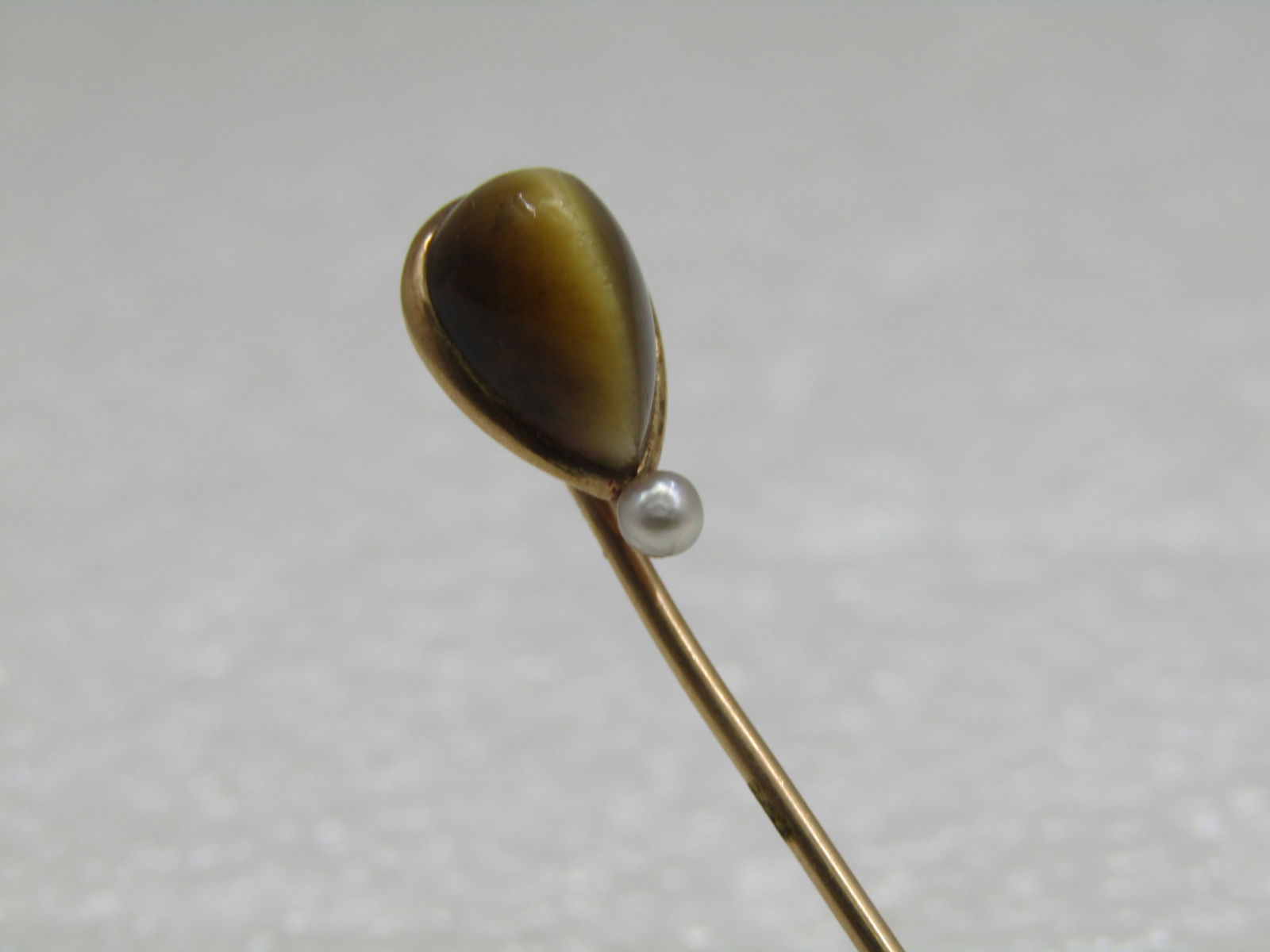 Edwardian 14kt Tiger's Eye Pearl Stick Pin, 1-1/3" (1 of 4)