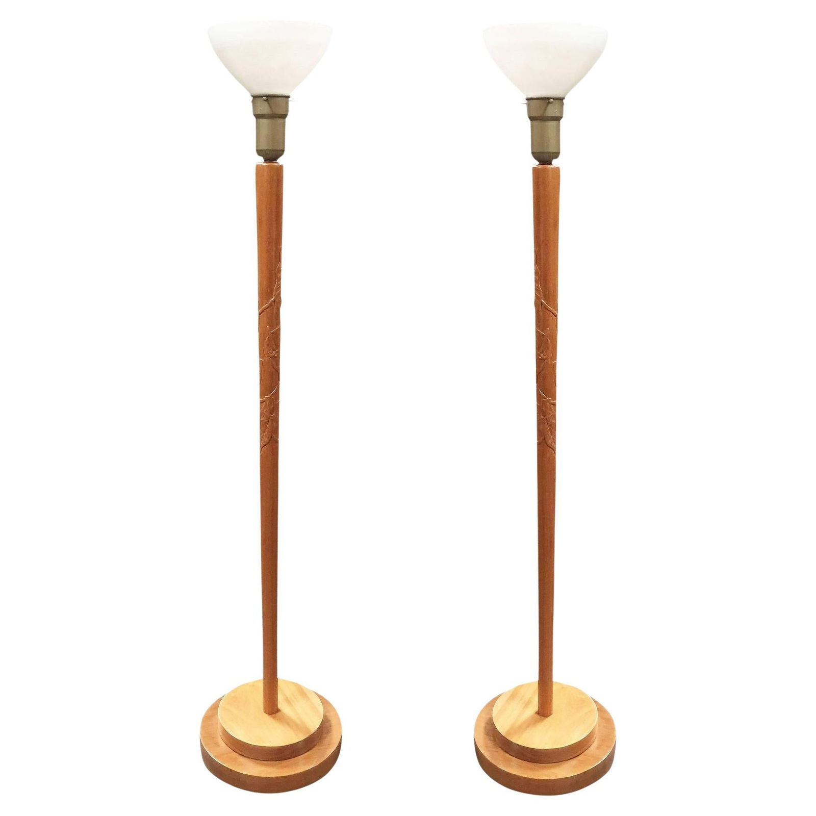 Russel Wright Style Hand-Carved Torchiere Floor Lamp, Pair: About the Item Russel Wright style Mid-Century hand-carved wood torchiere floor lamp pair with milk glass shades. Dimensions: Height: 65 in (165.1 cm)Diameter: 13 in (33.02 cm) Sold As: Set of 2 Style