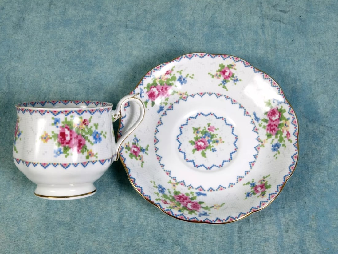 Royal Albert Petit Point Bone China Tea Coffee Cup Saucer 1930s England: This is a gorgeous Bone China Tea Coffee Cup Saucer, from the famous Royal Albert Petit Point Collection - Made in England. The pattern has very pretty delicate cross stitch roses in blue, green, blue