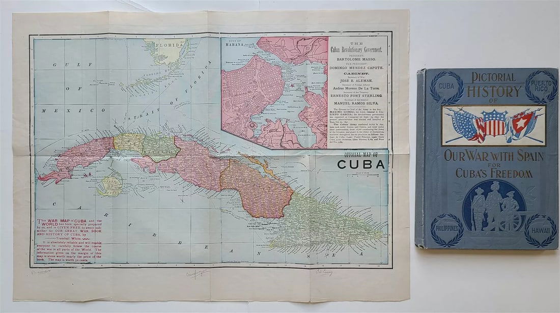 1898 SALESMAN SAMPLE PICTORIAL HISTORY of WAR w/SPAIN for CUBA'S FREEDOM antique: SALESMAN SAMPLE PICTORIAL HISTORY of OUR WAR with SPAIN for CUBA'S FREEDOM Chicago - Philadelphia; 1898 Size 7 1/2 by 9 3/4" Original decorated cloth binding Fully illustrated in b/w with detached map